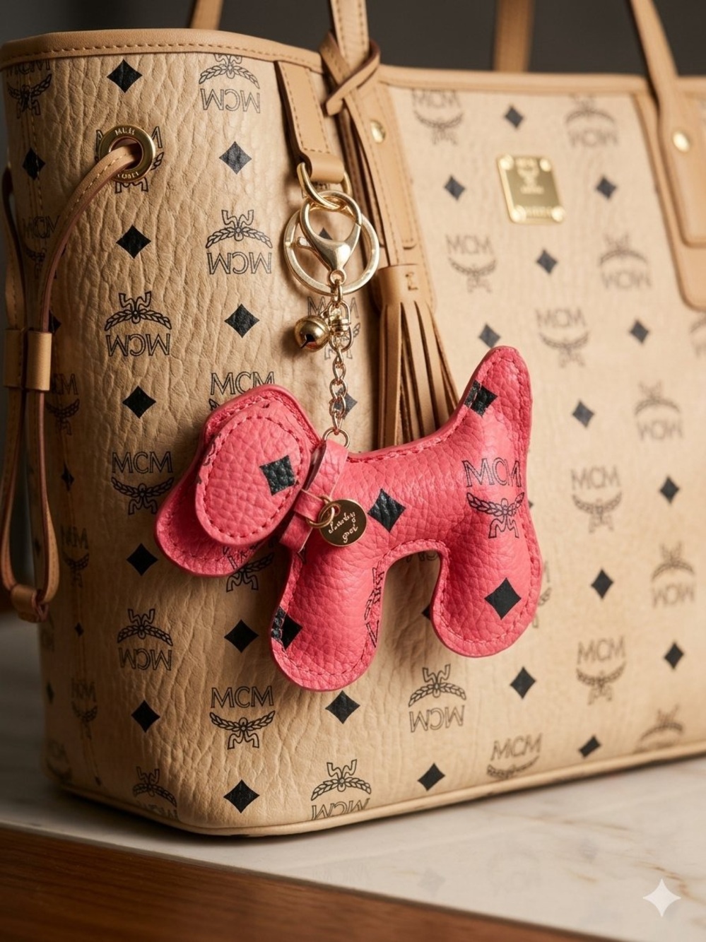 MCM Pink Leather Dog Charm Keychain with Gold Hardware